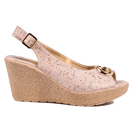 Sandale cu pană Shelovet de damă din piele intoarsa bej