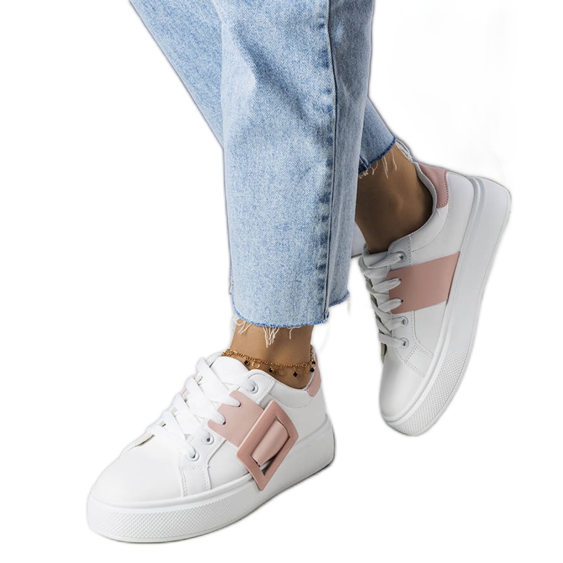 Adidasi albi decorati cu catarama Toni roz