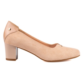 Pompi eleganti de dama din piele intoarsa pe toc mic Vinceza bej