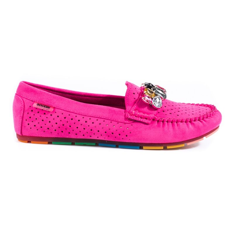 Mocasini de dama ajurati roz cu piele intoarsa Shelovet cu cristale