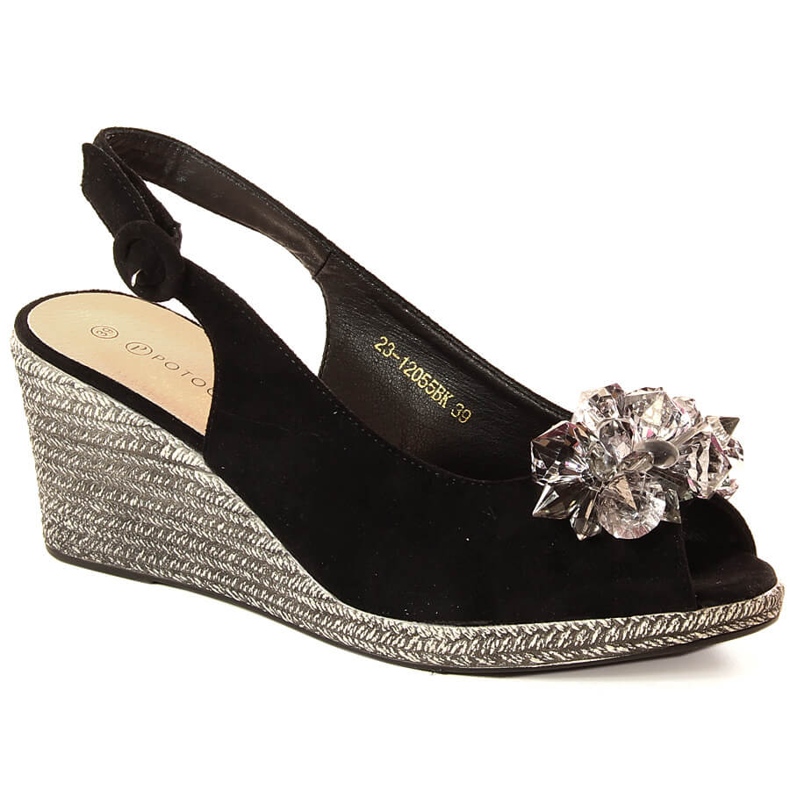 Sandale de damă cu pană din piele intoarsa cu cristale negre Potocki SZ12055 negru