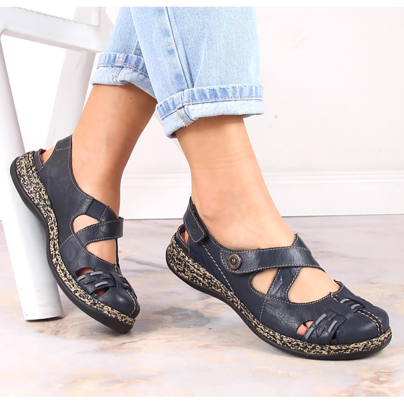 Sandale de dama confortabile din piele cu velcro bleumarin Rieker 46377-14 albastru