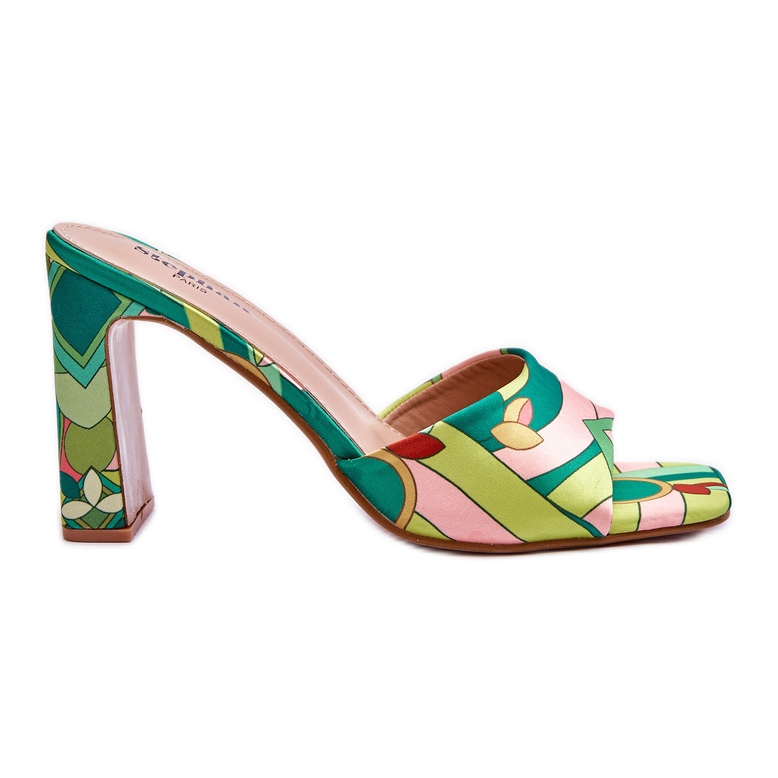 Papuci de damă cu toc cu model, verde Adelise multicolor