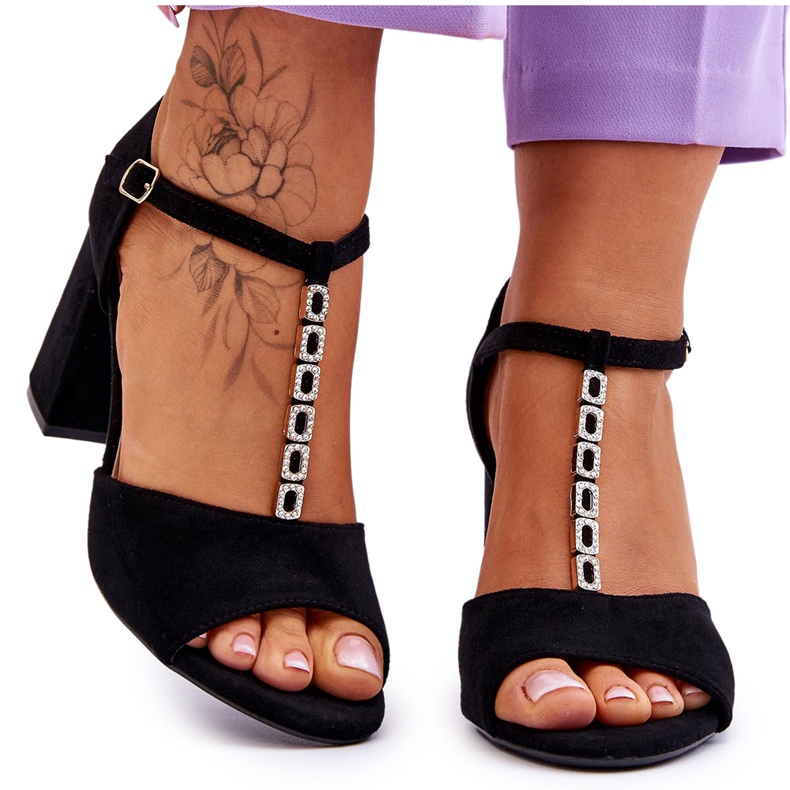 Vinceza Sandale din piele intoarsa cu toc inalt cu zirconii negru Aniya