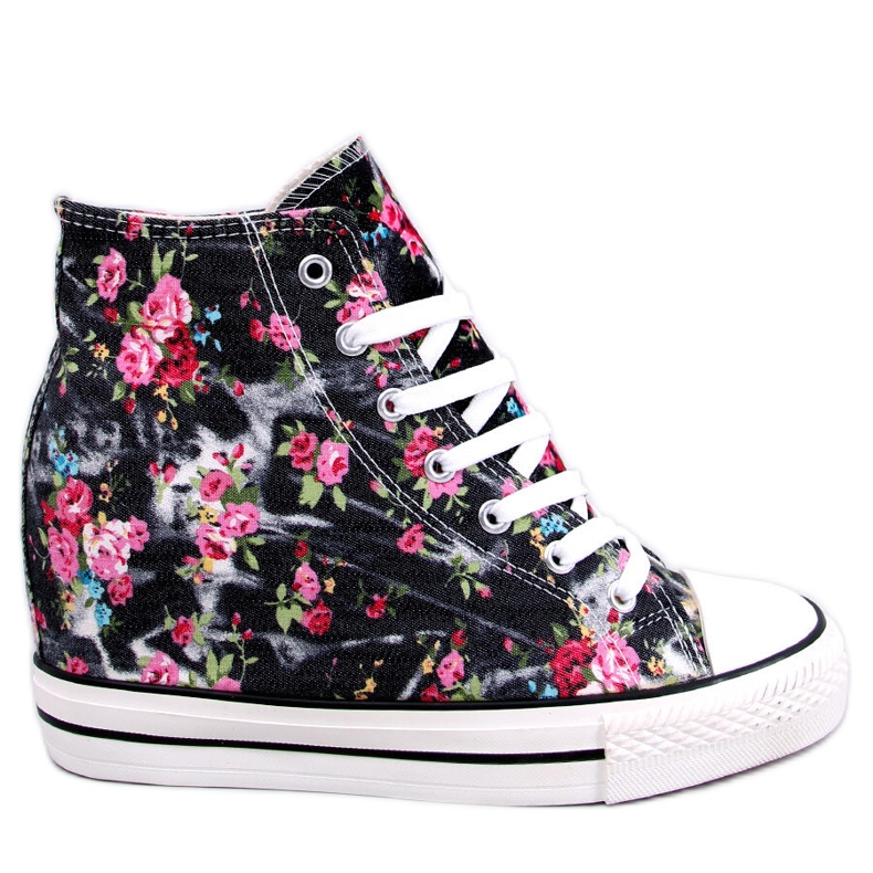 BM Tenisi înalți Paradis Black cu pană florală negru BM Tenisi înalți Paradis Black cu pană florală negru