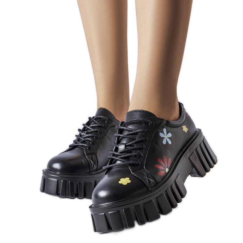 Brogues negre decorate cu flori Gemeni negru