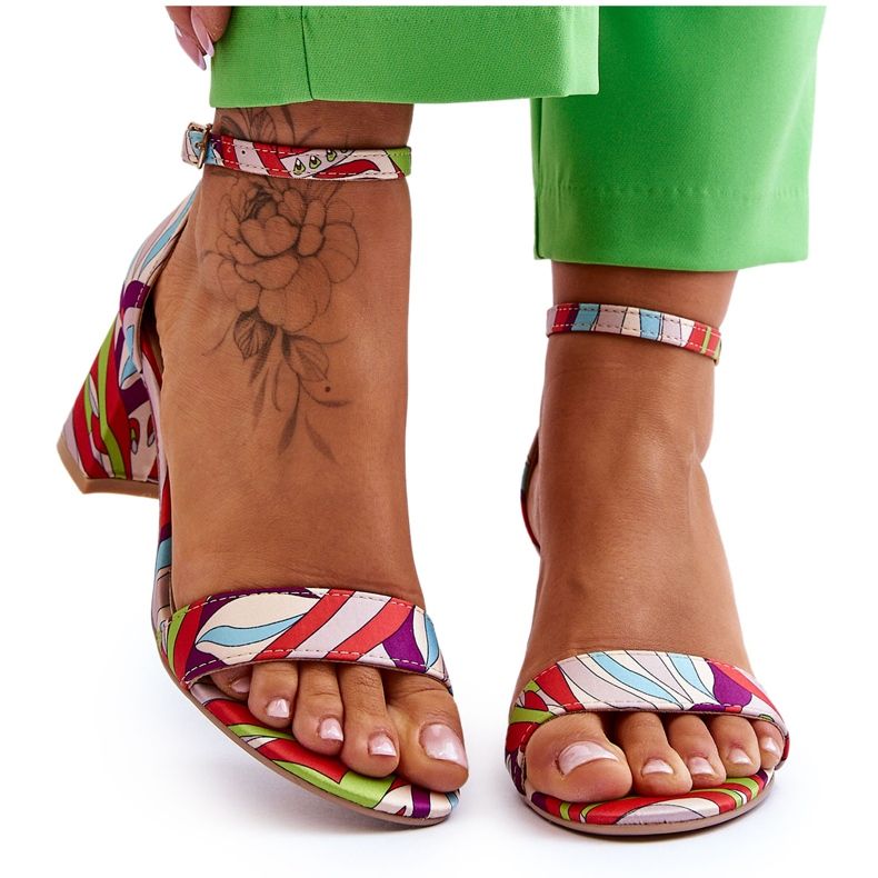 FB1 Sandale din satin cu toc mic cu model bej și albastru Quincy maro