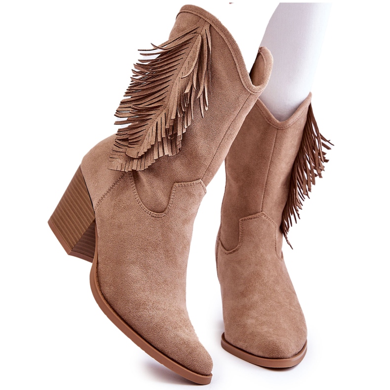 S.Barski Cizme Cowboy De Damă Cu Franjuri, Din piele intoarsa, Bej