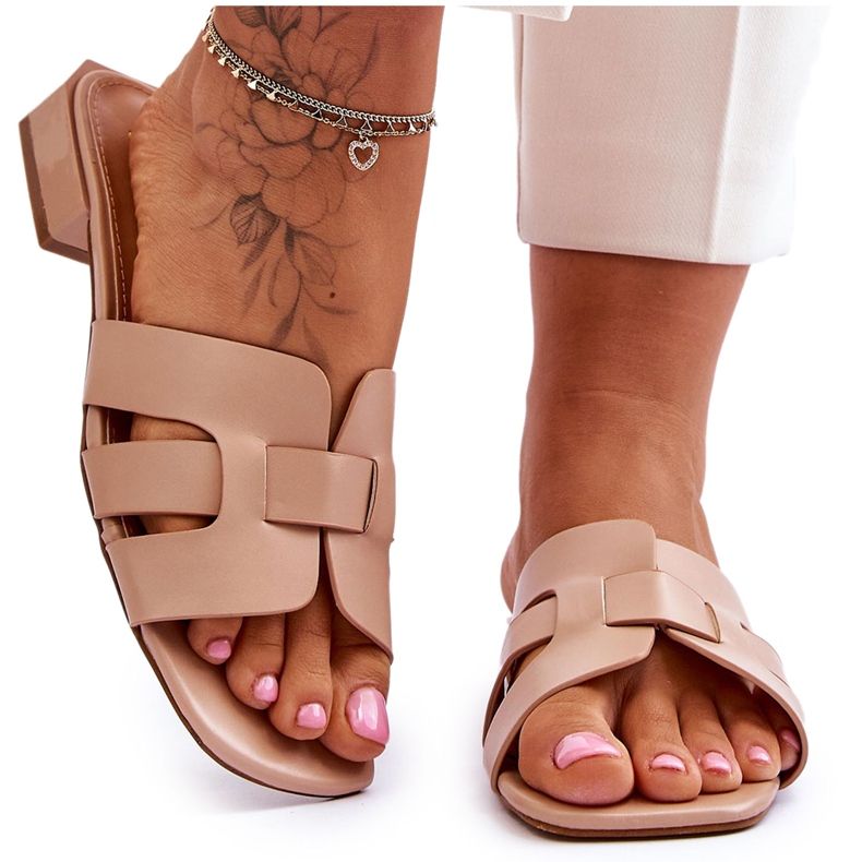 FJ1 Papuci de piele clasici pentru femei Fendy bej