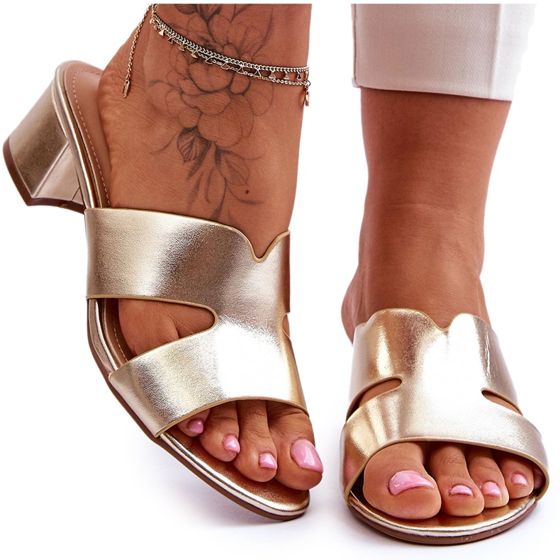 FJ1 Sandale clasice din piele cu toc mic, Golden Miley de aur