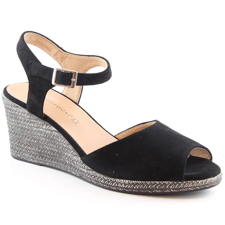 Sandale cu pană de damă din piele intoarsa neagra Potocki SZ12100 negru