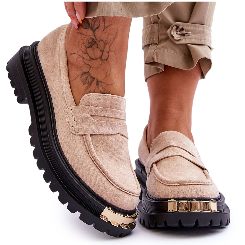 Mocasini clasici din piele intoarsa cu ornamente Bej Monaro