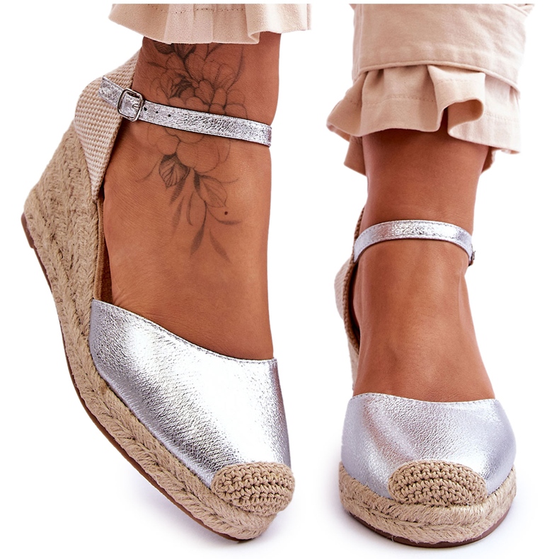 Espadrile din piele Sandale cu pană Silver Cammer argint