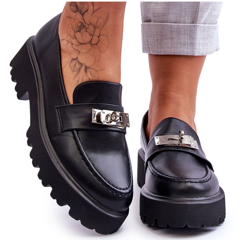 Mocasini De Piele Cu Decoratie Platforma Black Glory negru