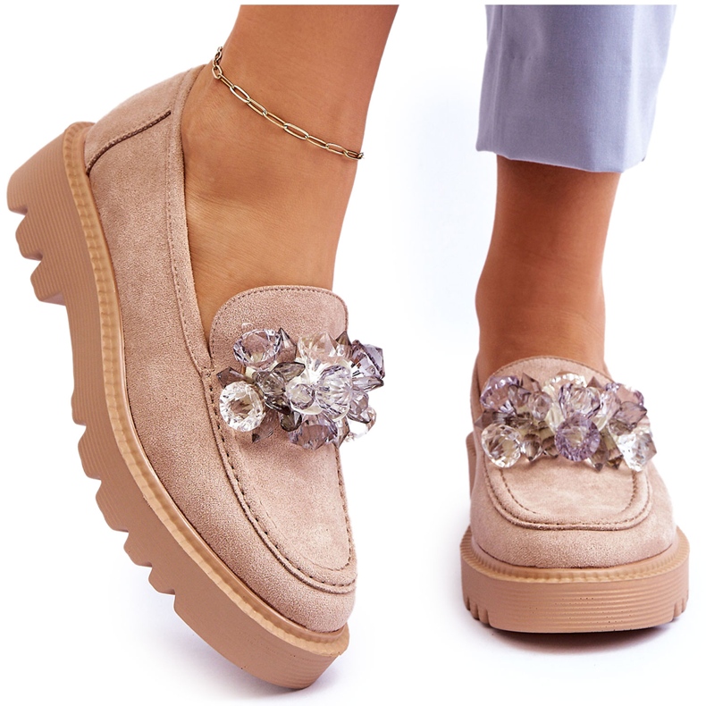 Vinceza Mocasini de piele intoarsa la moda cu cristale bej Demeris