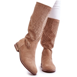 S.Barski Cizme peste genunchi ajurate din piele intoarsa de dama Bej Savannah