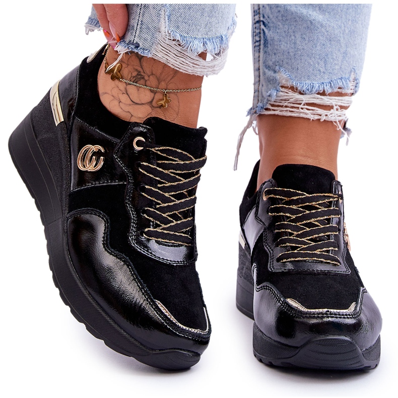 S.Barski Pantofi sport cu pană din piele de damă Negru Rebeca S.Barski Pantofi sport cu pană din piele de damă Negru Rebeca