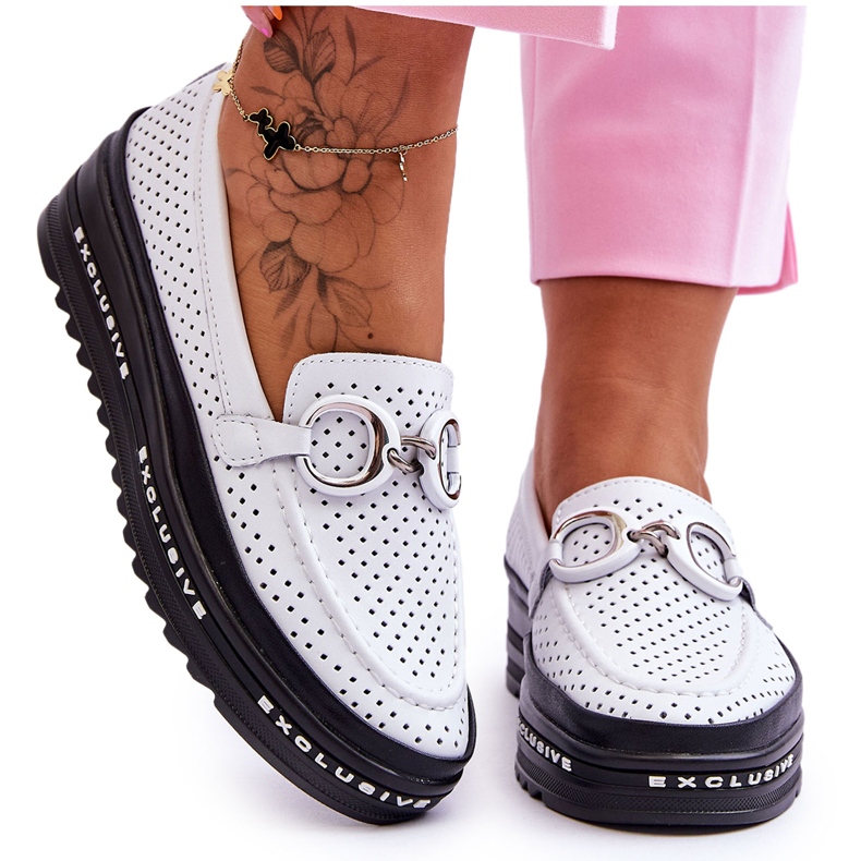 S.Barski Mocasini clasici din piele, ajurata, cu decor alb Rendy