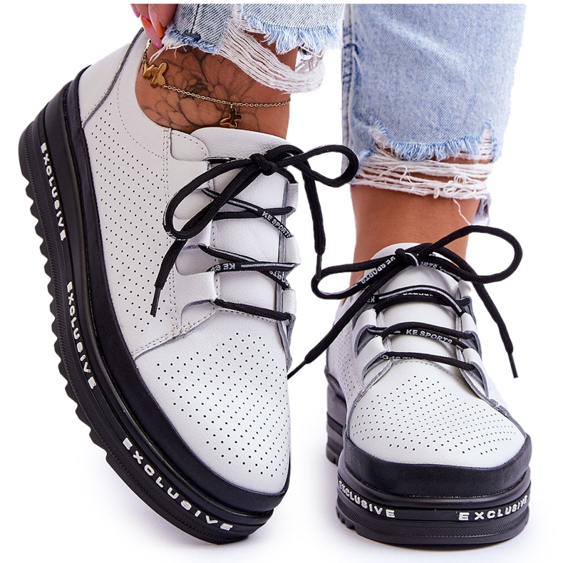 S.Barski Pantofi Sport Ajurat din Piele Alb Leonor