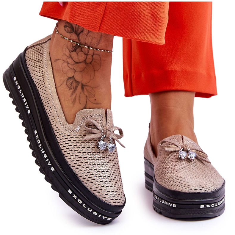 S.Barski Pantofi de damă din piele cu slip-on Corb auriu strălucitor de aur