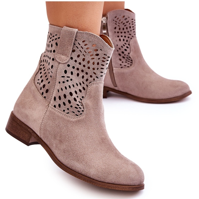 Lewski Shoes Cizme ajurate dama din piele intoarsa Pantofi Leski 3301 Cappuccino maro