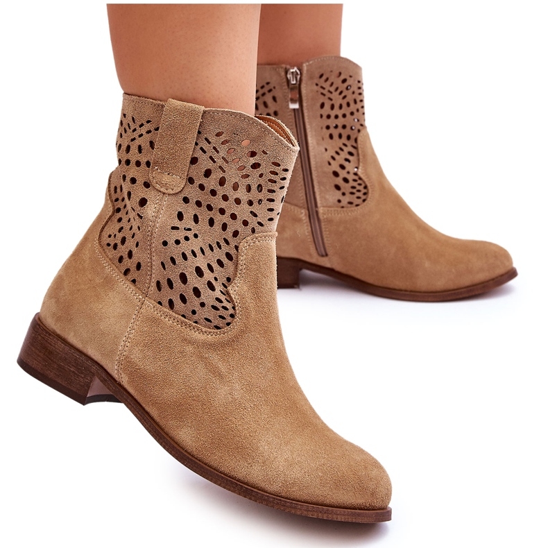 Lewski Shoes Cizme ajurate dama din piele intoarsa Pantofi Leski 3301 bej