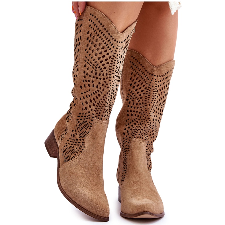 Lewski Shoes Cizme de cowboy din piele intoarsa inainte de genunchi Pantofi Leewski 3305 Bej maro