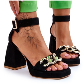 Lewski Shoes Sandale de damă din piele intoarsa pe tocuri masive Pantofi Leski 3207 negru