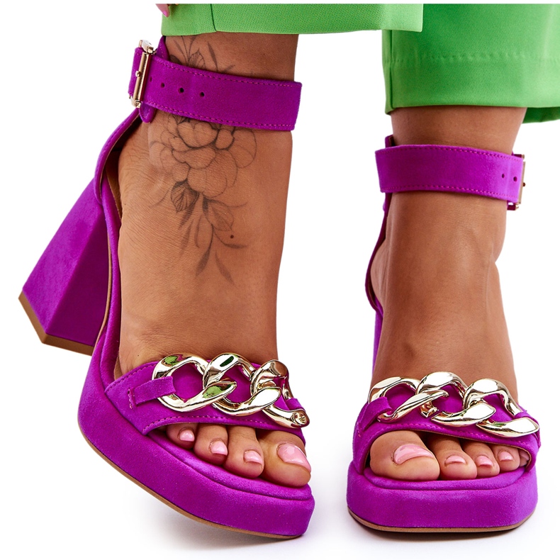 Lewski Shoes Sandale de damă din piele intoarsa pe tocuri masive Pantofi Leski 3207 fucsia roz