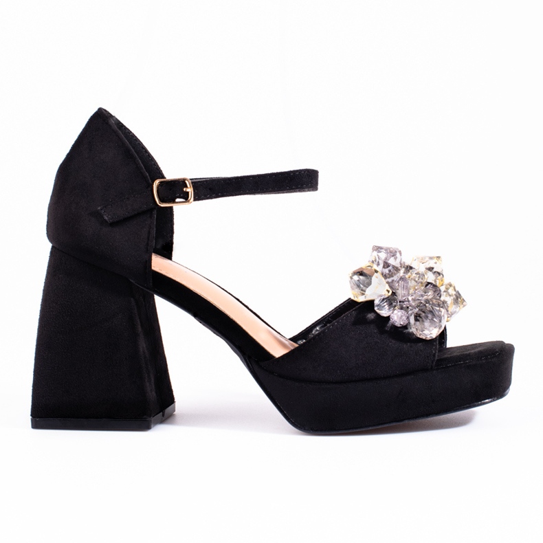 Sandale negre cu toc bloc cu margele Shelovet negru