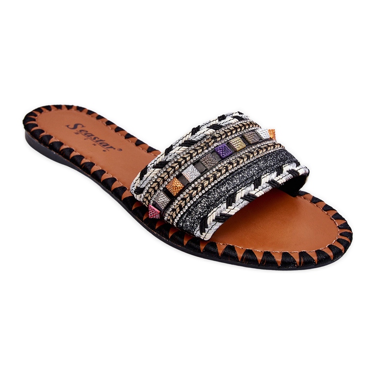 Papuci Bellisa pentru damă, negri, decorati negru