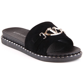 Papuci dama din piele intoarsa cu decor negru Vinceza 30183