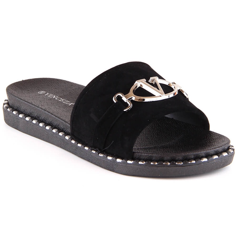 Papuci dama din piele intoarsa cu decor negru Vinceza 30183