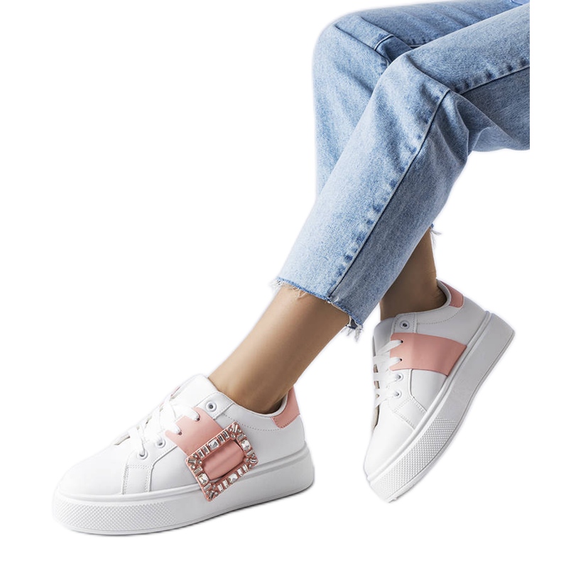 Adidași albi decorați cu cataramă Ike roz