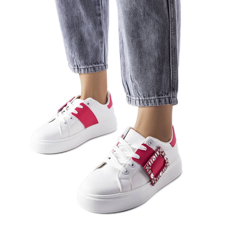 Adidași albi decorați cu cataramă Ike roz