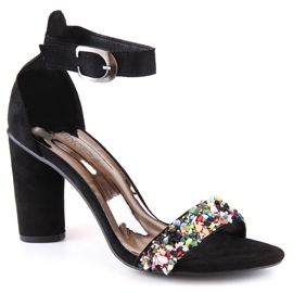 Sandale de damă din piele intoarsa pe un post cu margele negre Vinceza 17259 negru