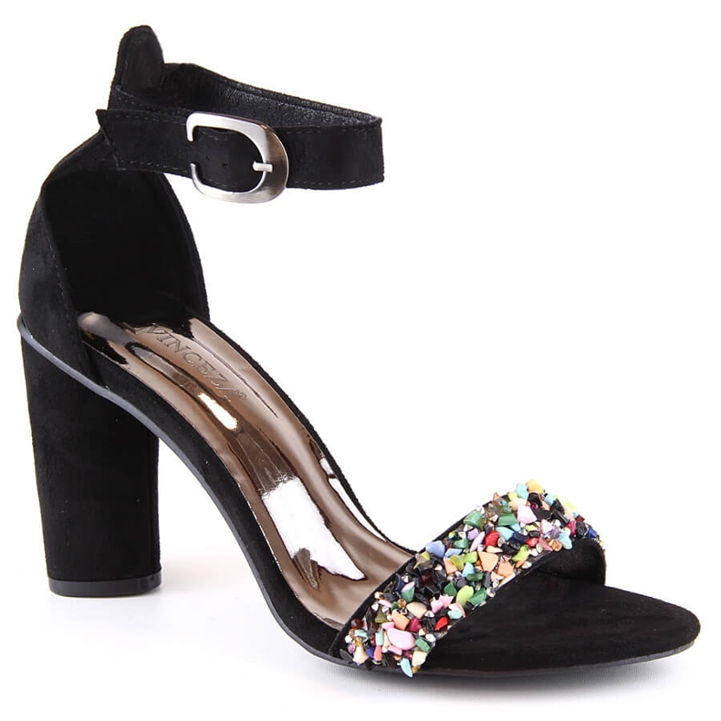Sandale de damă din piele intoarsa pe un post cu margele negre Vinceza 17259 negru