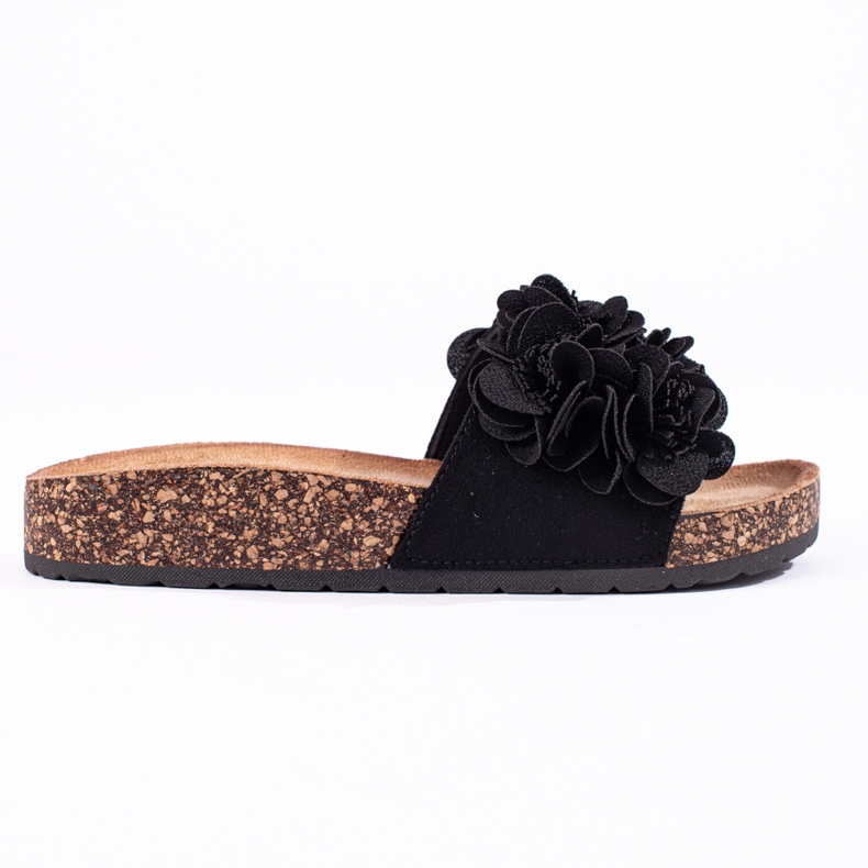 Papuci Shelovet din pluta neagra cu flori negru