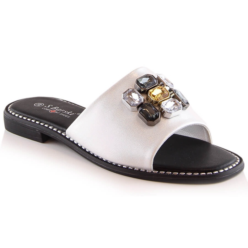 Papuci dama plati, confortabili, albi, cu zirconi S.Barski Kv 2775-31 Papuci dama plati, confortabili, albi, cu zirconi S.Barski Kv 2775-31