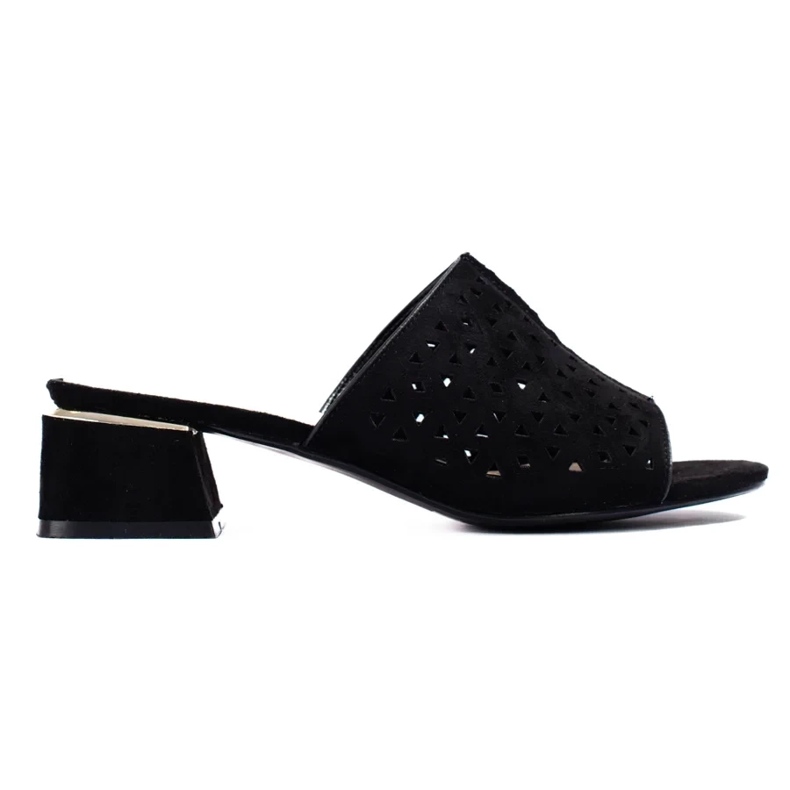 Papuci ajurati de dama de culoare neagra cu toc jos negru