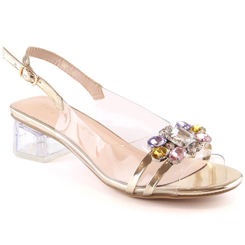 Sandale transparente pe toc mic cu cristale aurii Sergio Leone SK047 de aur