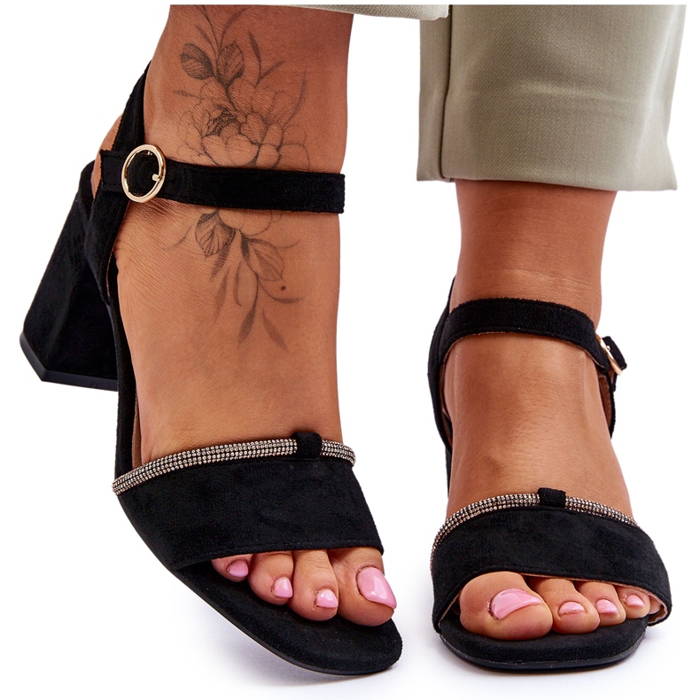 Sandale de damă din piele întoarsă cu toc jos, negre Loredo negru