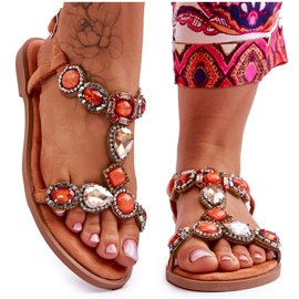 Sandale plate din piele intoarsa Dallas portocalii cu pietre portocale Sandale plate din piele intoarsa Dallas portocalii cu pietre portocale