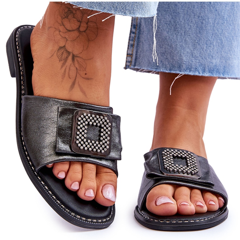 Papuci de damă din piele cu strasuri S.Barski KV-2775-33 Argintiu închis