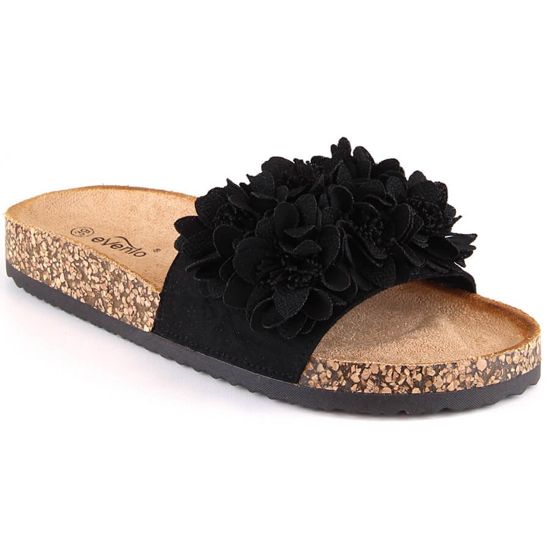 Papuci dama plat cu flori negre eVento 5969 negru