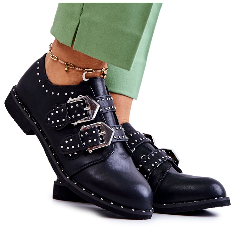 LU BOO Pantofi eco-piele pentru femei cu catarame și știfturi negre negru