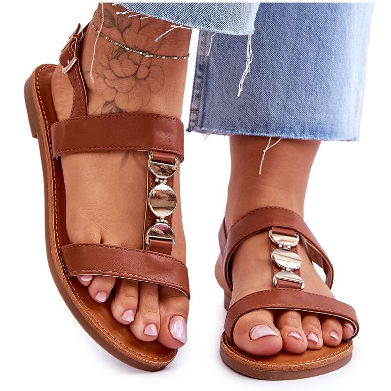 Sandale Plate Damă Cu Curea Decorativă Maro Berry