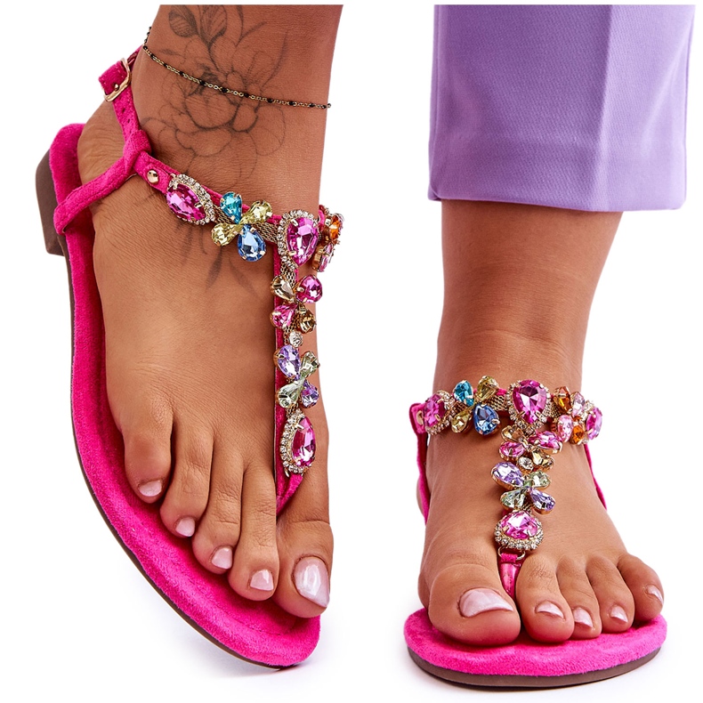 FB2 Flip Flops din piele intoarsa roz cu pietre Frency