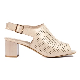 Sandale de damă ajurate din piele intoarsa cu toc Shelovet gold de aur Sandale de damă ajurate din piele intoarsa cu toc Shelovet gold de aur