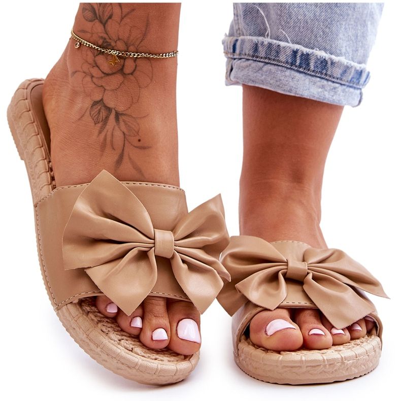 FK1 Papuci de damă la modă cu fundă Estera bej